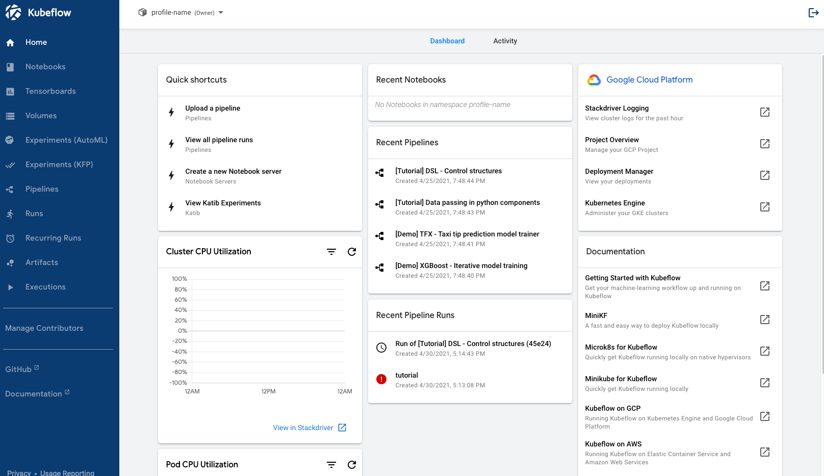 Full Kubeflow Central Dashboard